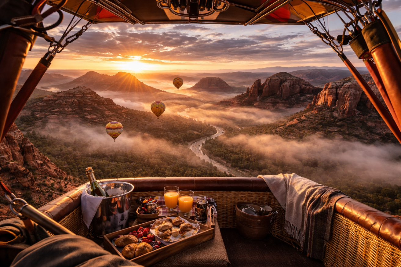 Champagne breakfast in balloon basket over Sedona
