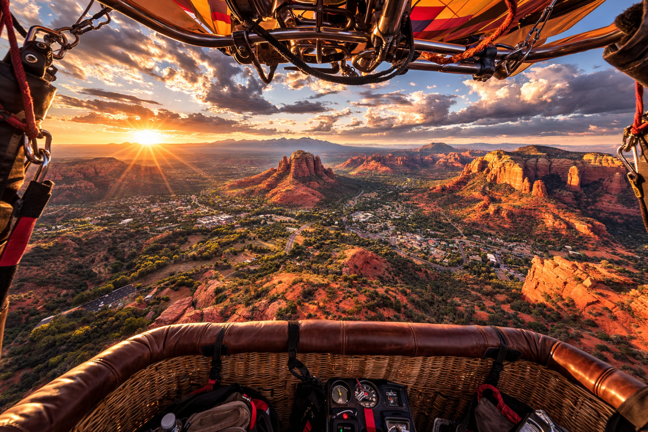 Pilot's view from balloon cockpit at sunrise