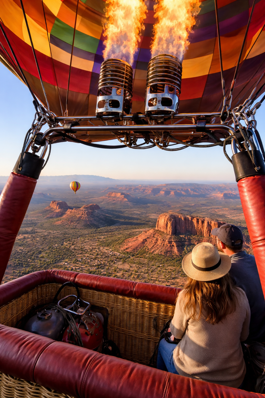 Couple in balloon basket with burners firing